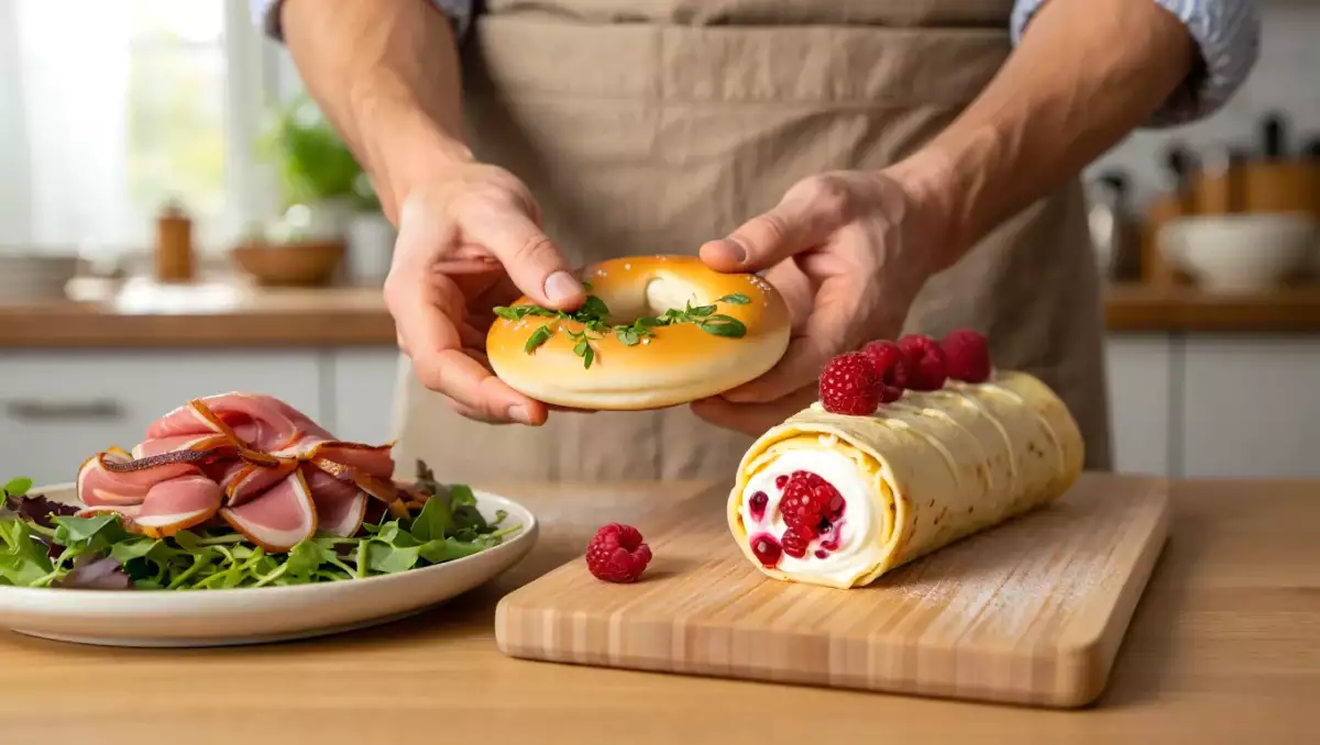 Napi menü, 2026. július 11.: házi szárított kacsamell, friss vegetáriánus bagel és fehér csokoládé málna crêpe log