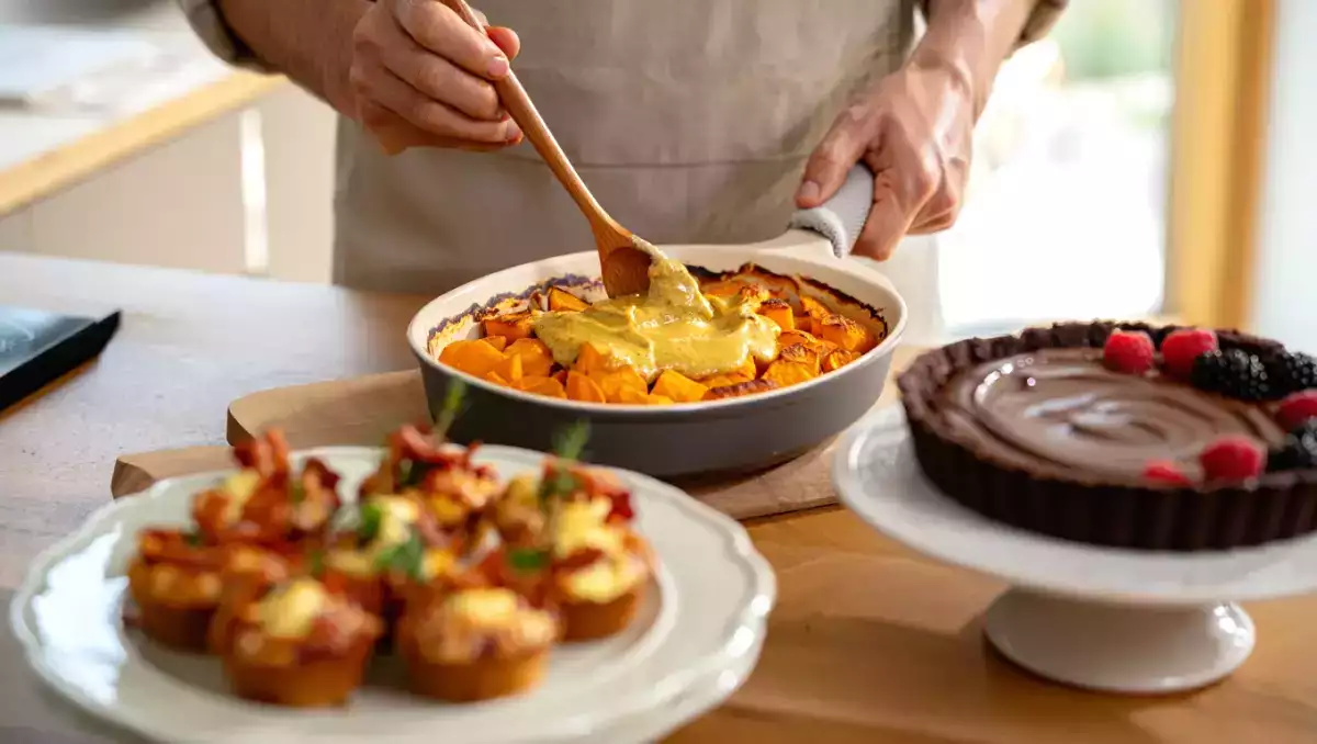 Napi menü, 2026. július 1.: bacon muffinok, kókuszos édesburgonya gratin és laktózmentes csokoládés tál torta