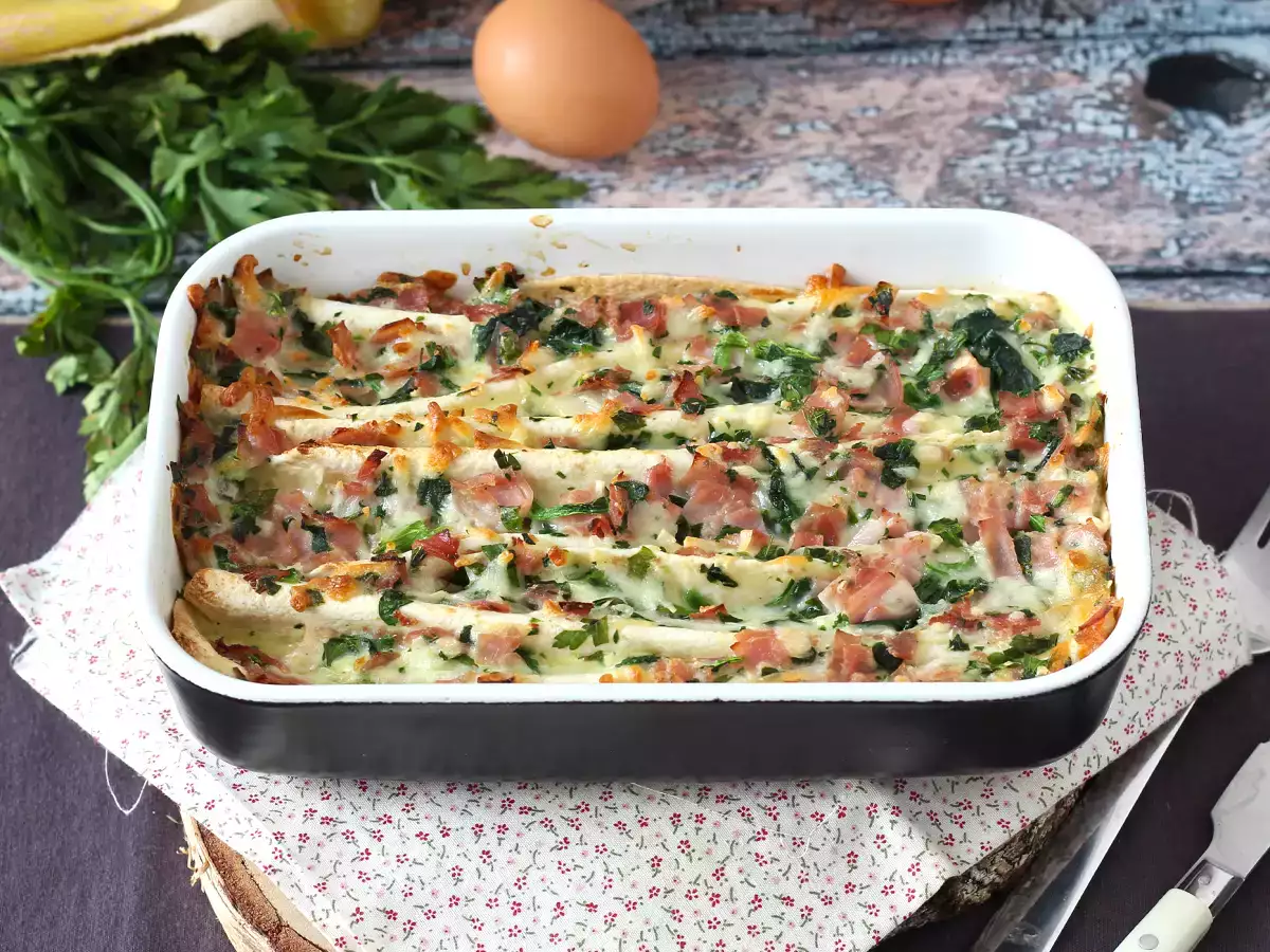 Recept Mi a teendő a tortillákkal sonka, spenót és mozzarella gratinált ráncos torta stílusban