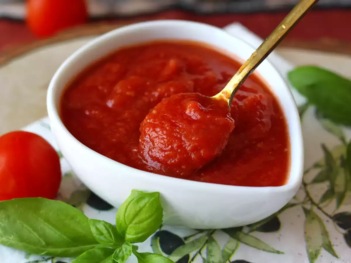 Recept Telt ízű nyers paradicsomszósz, amely ideális pizza vagy pinsa tetejére.