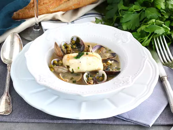 Recept Párolt szürke tőkehal, kagyló és borsó